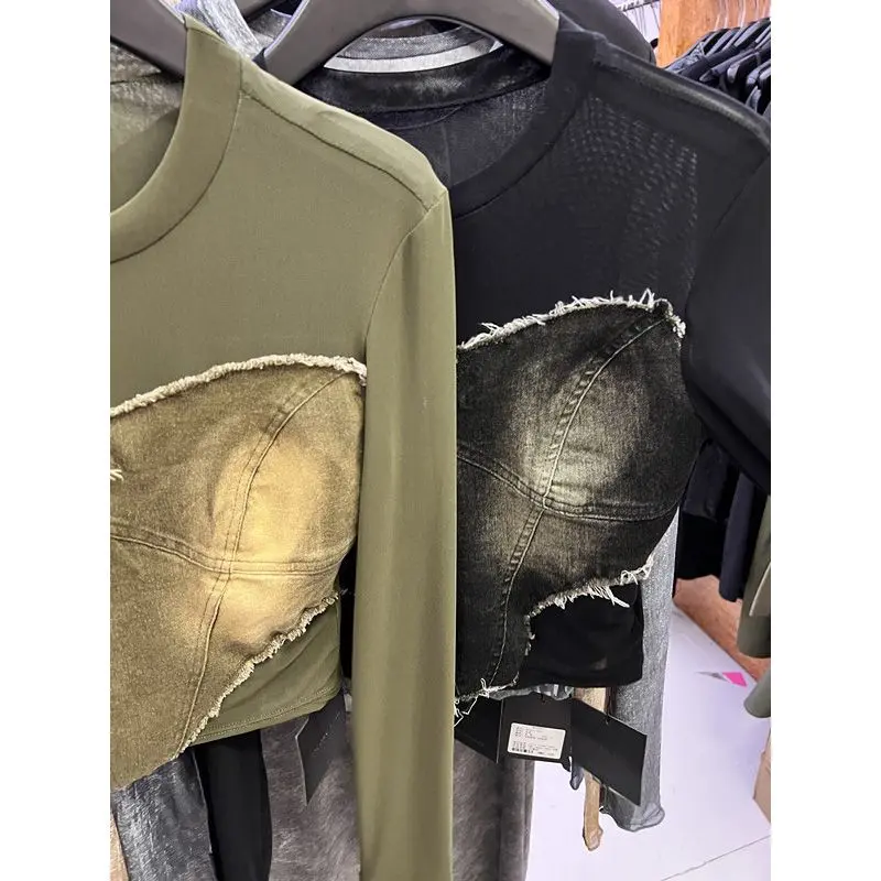 Crewneck Mesh Stitching Denim Long Sleeve T-shirt Top Woman Slim Fit Graphic T Shirts  Blusas Mujer De Moda 2023 Women T Shirts