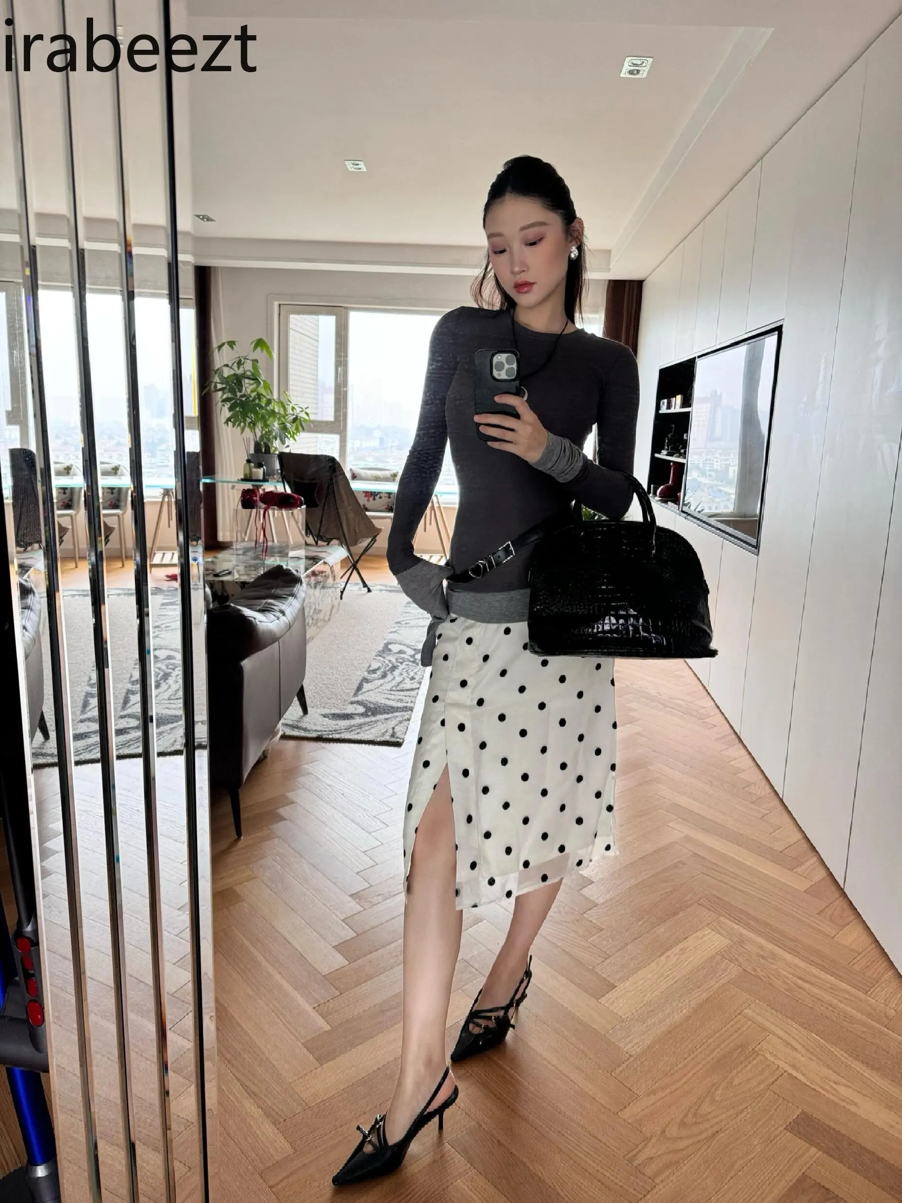 American Hot Girl Polka Dot Skirt Female 2024 Summer New Casual Versatile Skin-friendly Lace Slit Midi Skirt