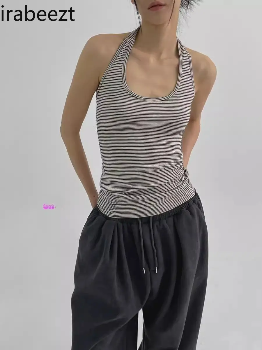 U-neck Halter Neck Pinstripe Slim Fit New Sexy Hot Girl Simple Versatile Bottom Matching Vest for Women Summer Crop Tops