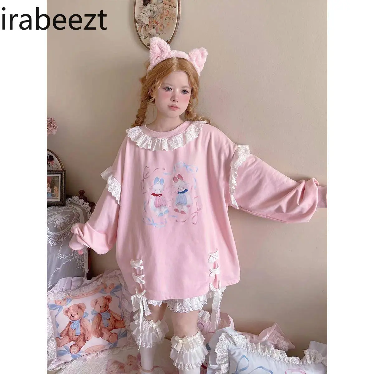 Small Design Sweet Lace Lace Printed Strap Sweater Pullover Loose Printed Top Sudadera Mujer LOOSE FIT Clothes Sweatshirt