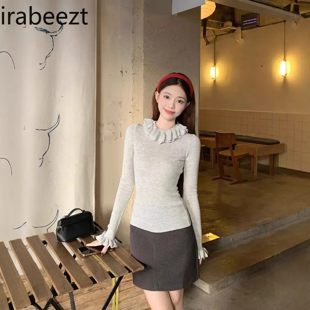 Gray Lace Collar Ruffled Knitted Bottoming Shirt for Women Autumn and Winter Fashionable Inner Wear Slim Fit Half Turtleneck Top