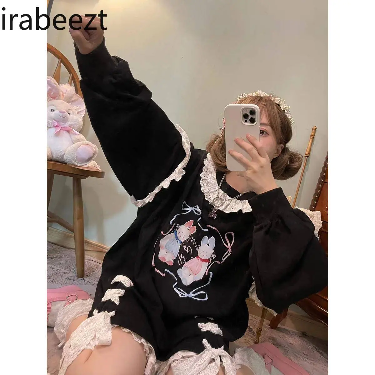 Small Design Sweet Lace Lace Printed Strap Sweater Pullover Loose Printed Top Sudadera Mujer LOOSE FIT Clothes Sweatshirt