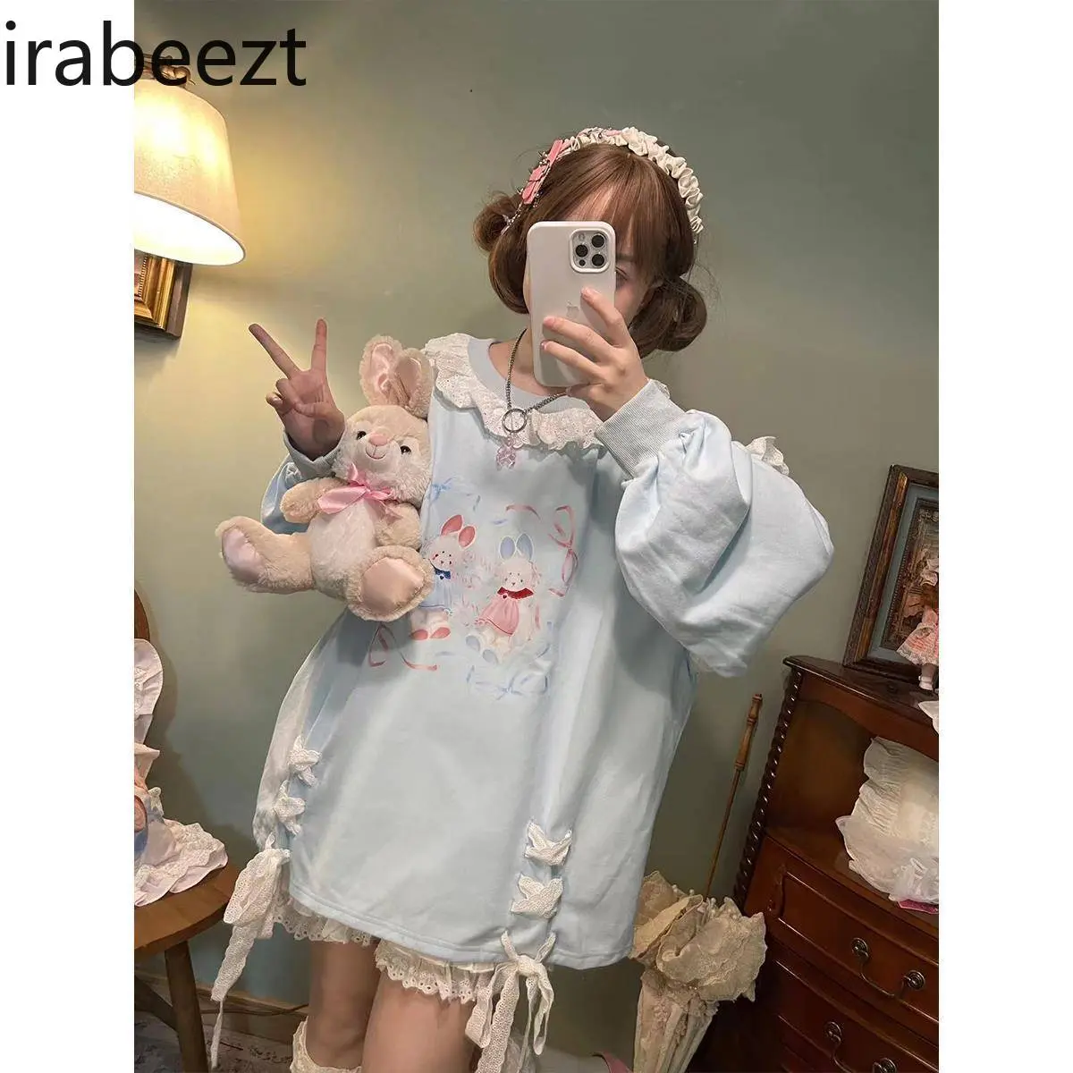 Small Design Sweet Lace Lace Printed Strap Sweater Pullover Loose Printed Top Sudadera Mujer LOOSE FIT Clothes Sweatshirt