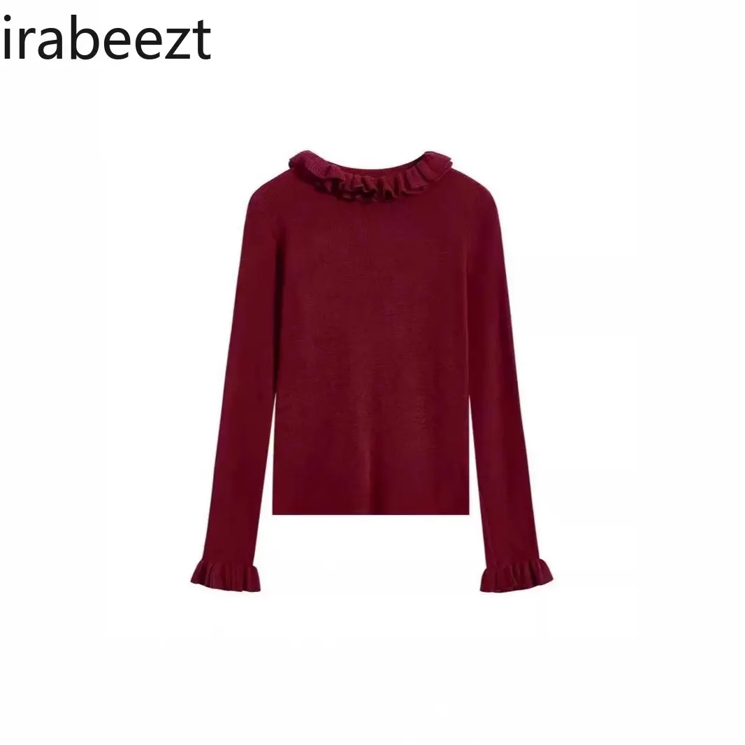 Gray Lace Collar Ruffled Knitted Bottoming Shirt for Women Autumn and Winter Fashionable Inner Wear Slim Fit Half Turtleneck Top