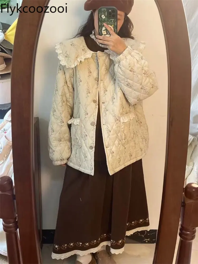 2025 New Loose Casual Doll Collar Big Lapel Splicing Diamond Lattice Floral Cotton-padded Coat Female Autumn and Winter Jacket
