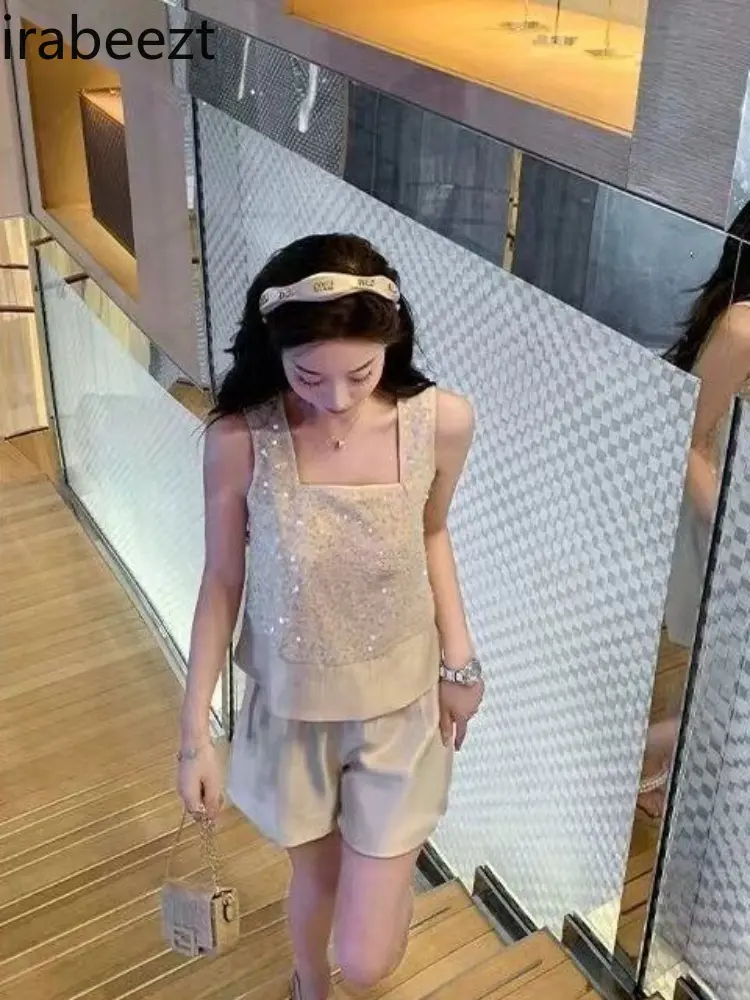 High-end Celebrity Sequined Fashionable Sleeveless Vest Top for Women 2024 Summer New Shorts Light Luxury Suit Two-piece Suit