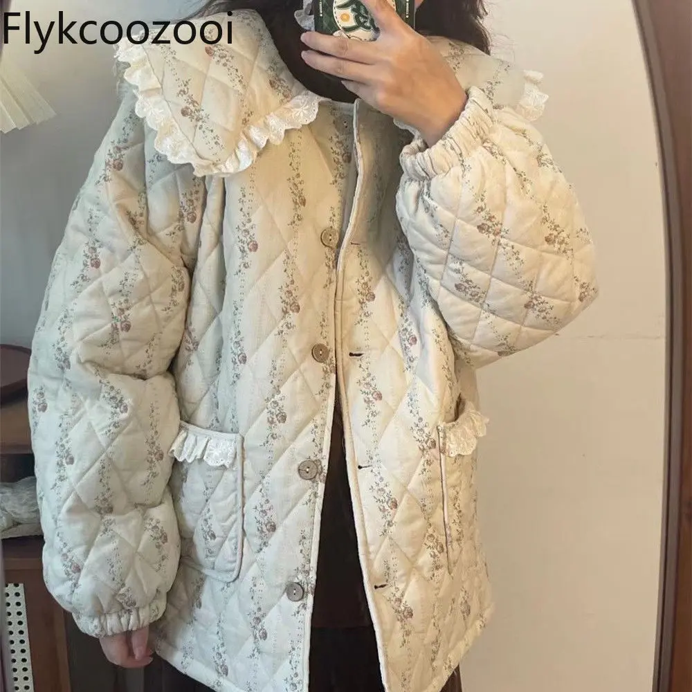 2025 New Loose Casual Doll Collar Big Lapel Splicing Diamond Lattice Floral Cotton-padded Coat Female Autumn and Winter Jacket