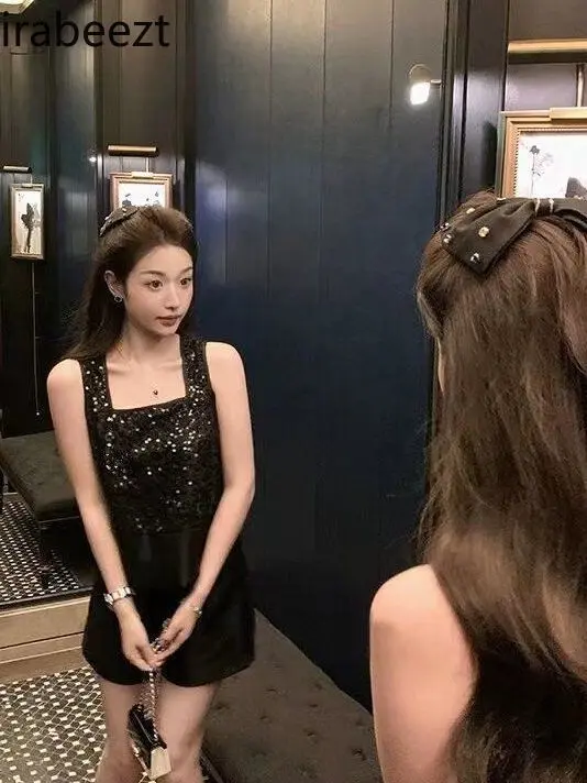 High-end Celebrity Sequined Fashionable Sleeveless Vest Top for Women 2024 Summer New Shorts Light Luxury Suit Two-piece Suit