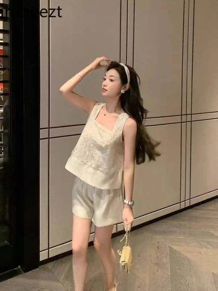High-end Celebrity Sequined Fashionable Sleeveless Vest Top for Women 2024 Summer New Shorts Light Luxury Suit Two-piece Suit