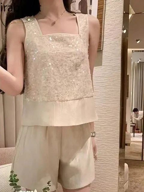 High-end Celebrity Sequined Fashionable Sleeveless Vest Top for Women 2024 Summer New Shorts Light Luxury Suit Two-piece Suit