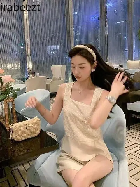 High-end Celebrity Sequined Fashionable Sleeveless Vest Top for Women 2024 Summer New Shorts Light Luxury Suit Two-piece Suit