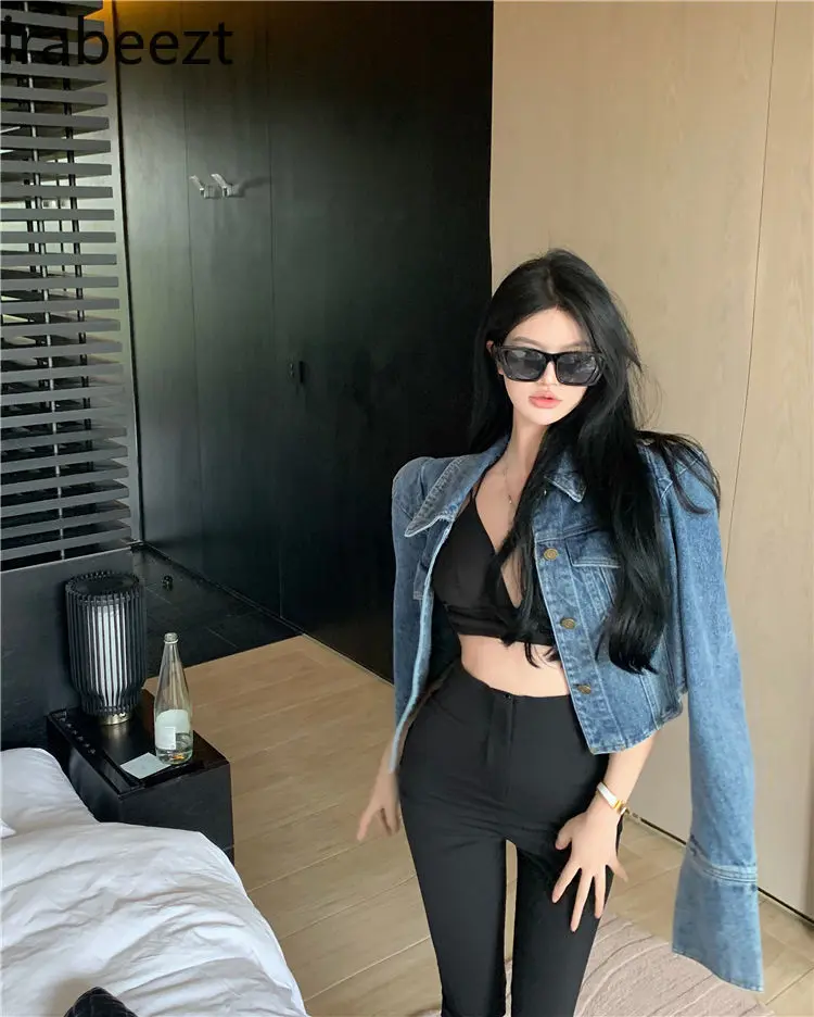 Square Shoulder Denim Jacket Women Vintage American Retro Loose Casual Short Cropped Coat with Shoulder Pads Streetwear
