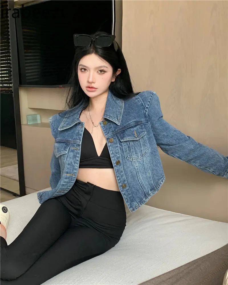 Square Shoulder Denim Jacket Women Vintage American Retro Loose Casual Short Cropped Coat with Shoulder Pads Streetwear