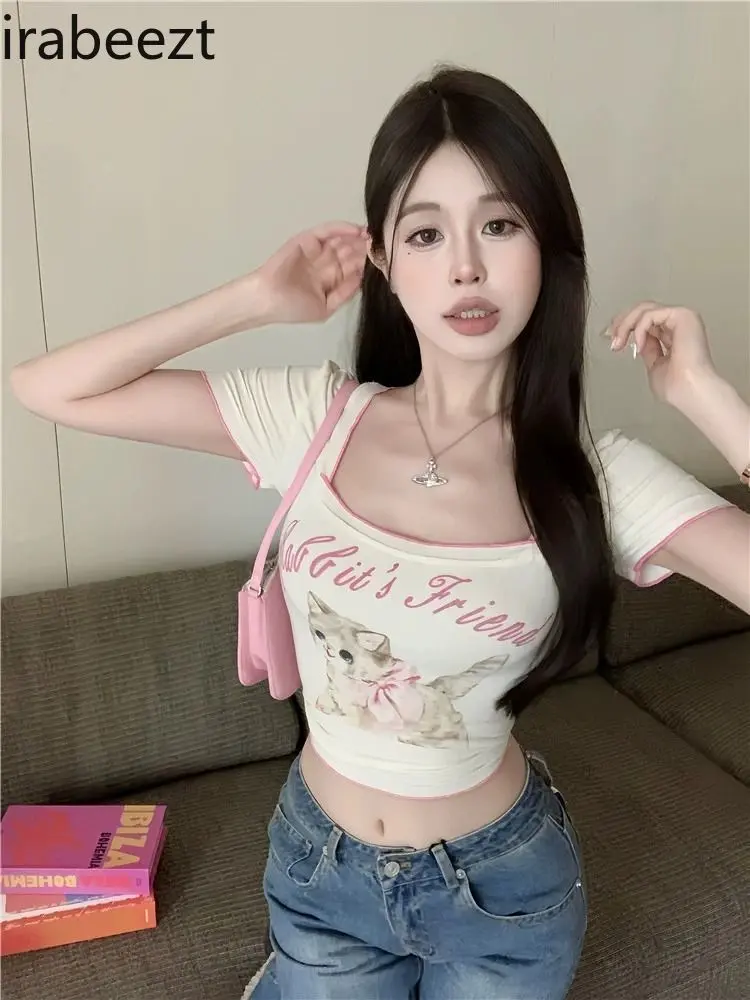 Dopamine Wear Cat Print Square Collar Straight Shoulder Short Sleeve T-shirt Women's Summer Short Slim Navel-baring Hot Girl Top