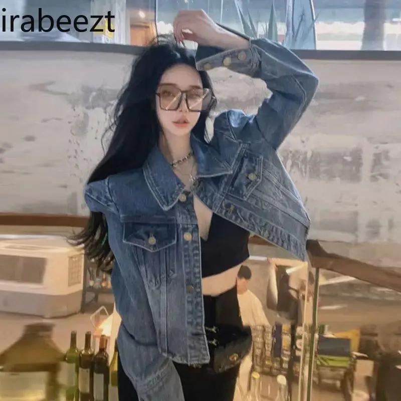 Square Shoulder Denim Jacket Women Vintage American Retro Loose Casual Short Cropped Coat with Shoulder Pads Streetwear