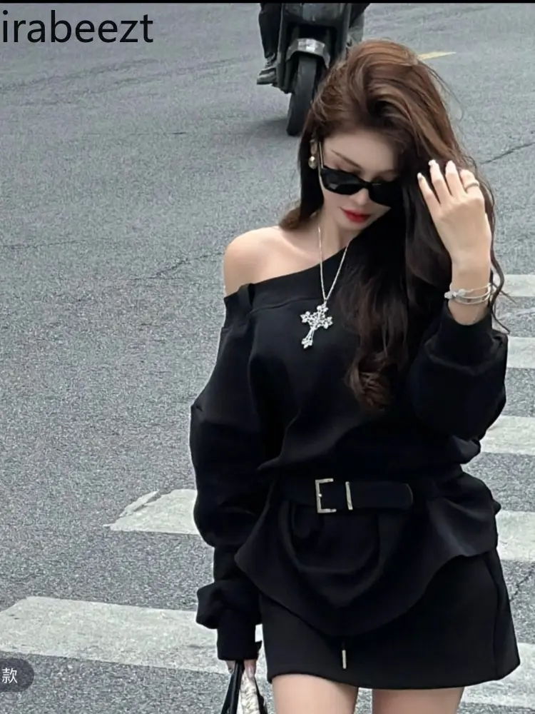 New Belt Sexy Off-shoulder Slant-neck Sweatshirt Loose Mid-length Top Pants and Skirt Suit Two Piece Sets Womens Outifits