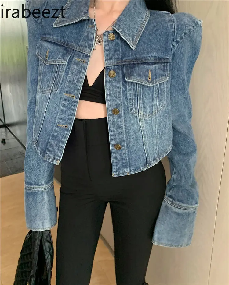 Square Shoulder Denim Jacket Women Vintage American Retro Loose Casual Short Cropped Coat with Shoulder Pads Streetwear