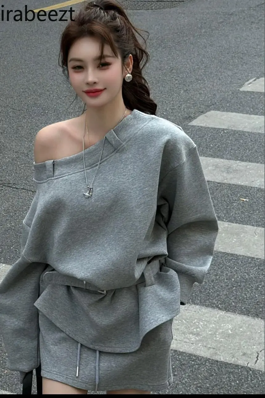 New Belt Sexy Off-shoulder Slant-neck Sweatshirt Loose Mid-length Top Pants and Skirt Suit Two Piece Sets Womens Outifits