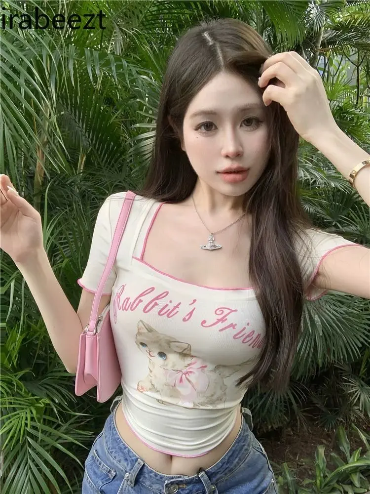 Dopamine Wear Cat Print Square Collar Straight Shoulder Short Sleeve T-shirt Women's Summer Short Slim Navel-baring Hot Girl Top