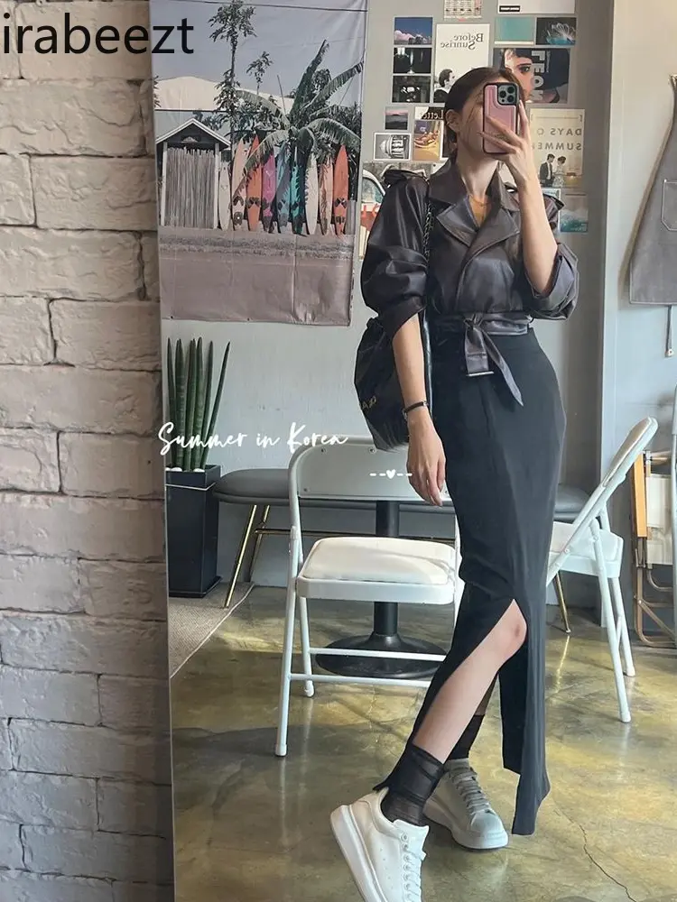 New Short Motorcycle Leather Coat 2024 Fall Lapel Strap Short Cool Girl Jaqueta Feminina Inverno Streetwear Jacket for Women