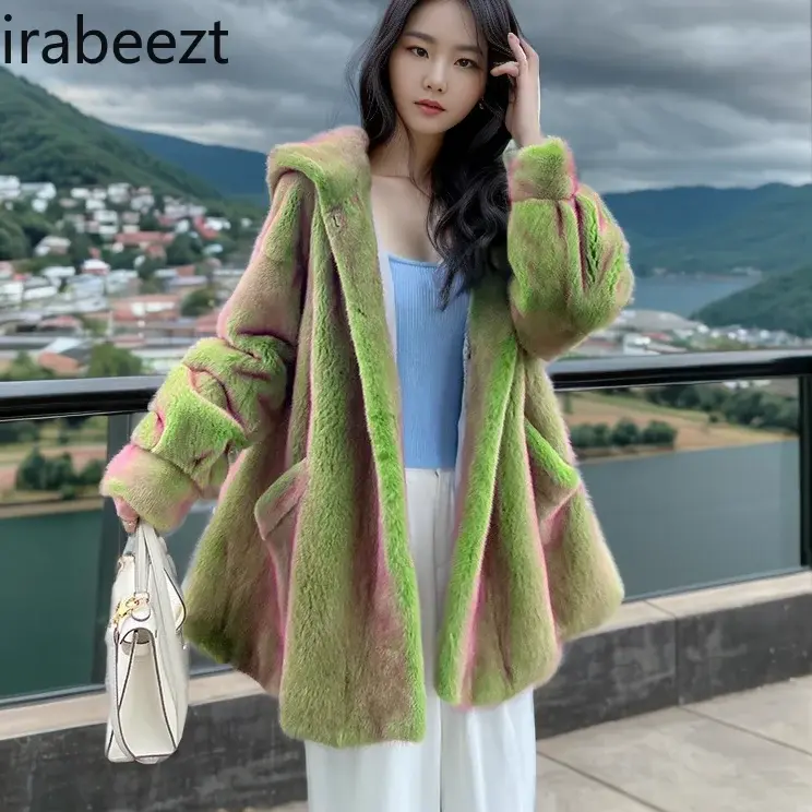 Hot Sale High-end Fur Imitation Mink Coat Socialite Hooded Fashion Casacos De Inverno Feminino 2024 Winter Jacket Women