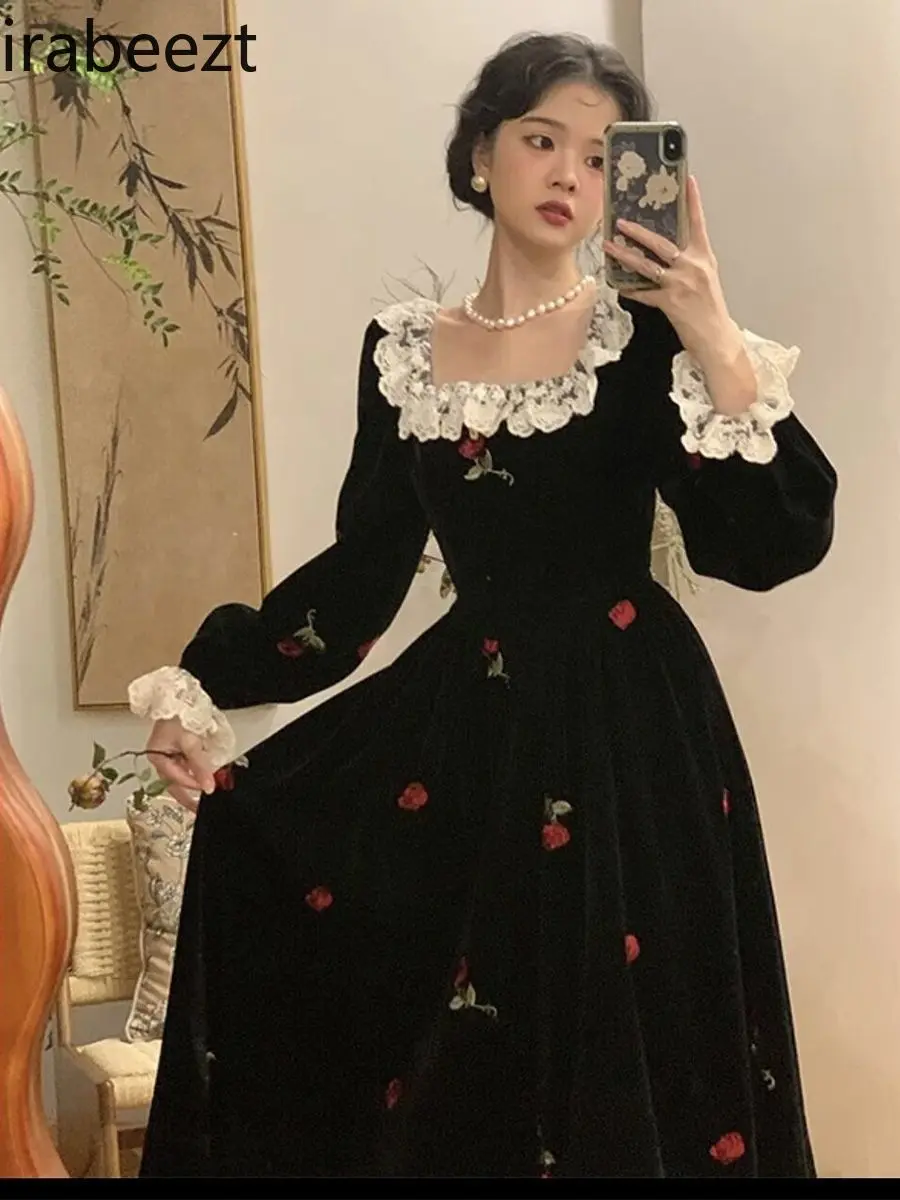 Oversize Dress Women Black Floral Dresses French Vintage Rose Gown Female Autumn Spring  Velvet Outwear Vestidos De Mujer