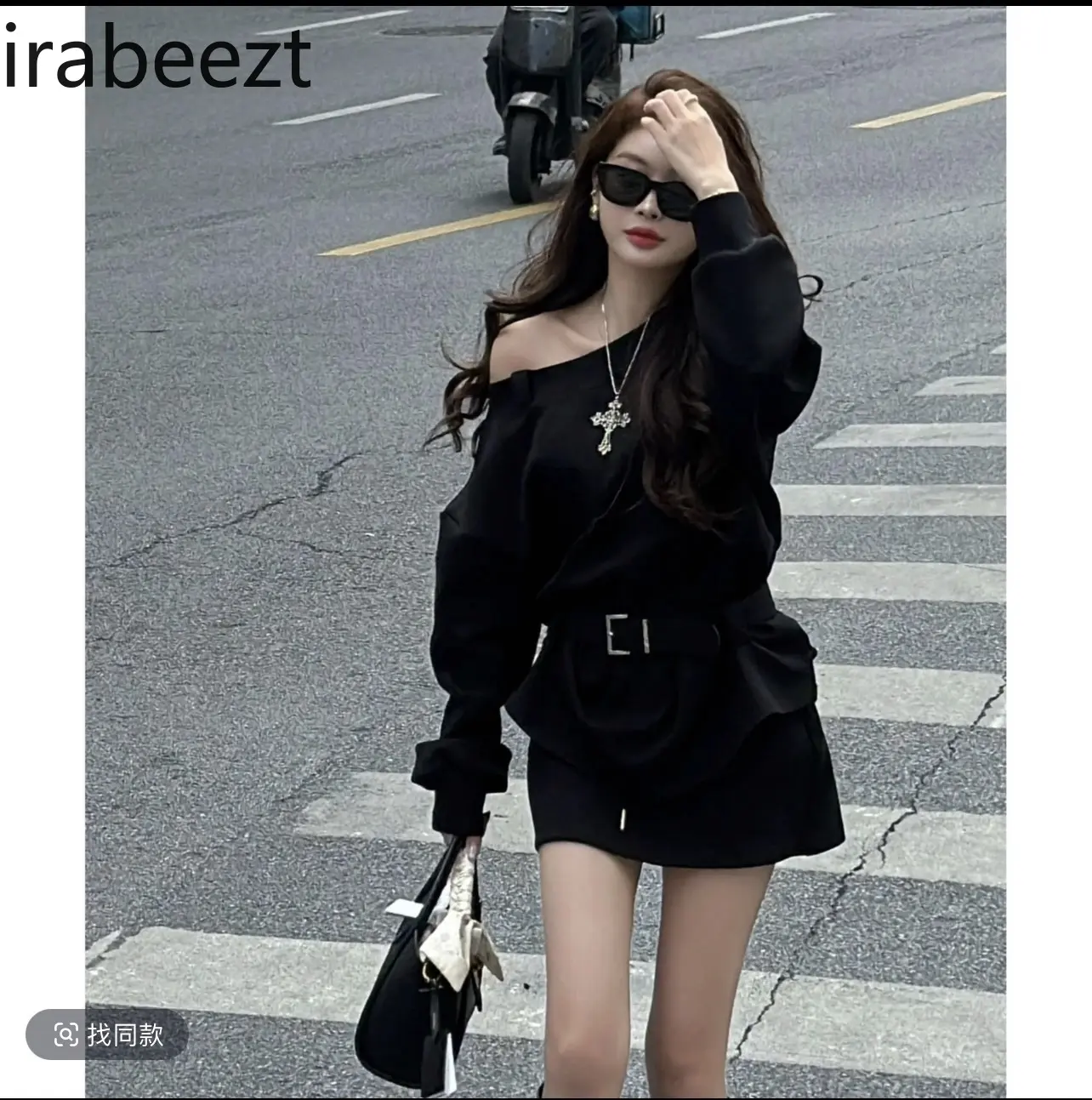 New Belt Sexy Off-shoulder Slant-neck Sweatshirt Loose Mid-length Top Pants and Skirt Suit Two Piece Sets Womens Outifits