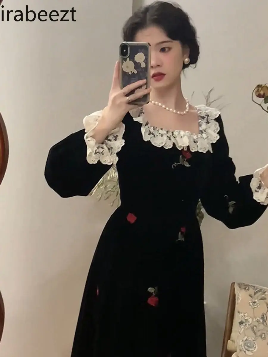Oversize Dress Women Black Floral Dresses French Vintage Rose Gown Female Autumn Spring  Velvet Outwear Vestidos De Mujer