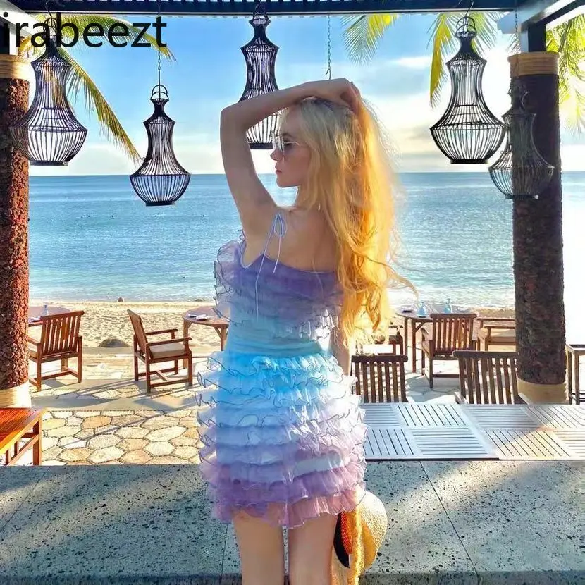 Summer New Mesh Cake Shaped Gradient Light Purple Sling Design Niche Sexy Hot Girl Dress Female Vestidos De Mujer