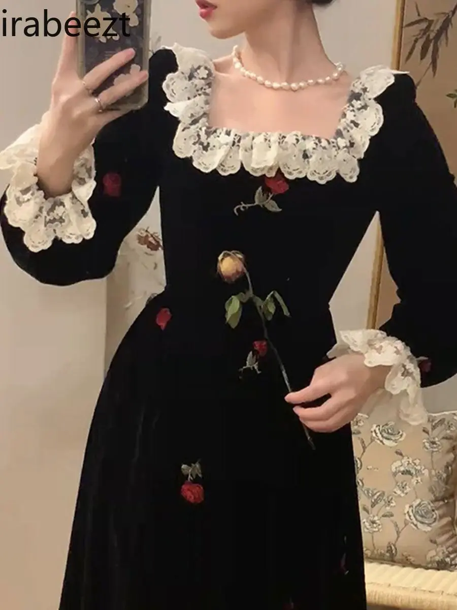 Oversize Dress Women Black Floral Dresses French Vintage Rose Gown Female Autumn Spring  Velvet Outwear Vestidos De Mujer
