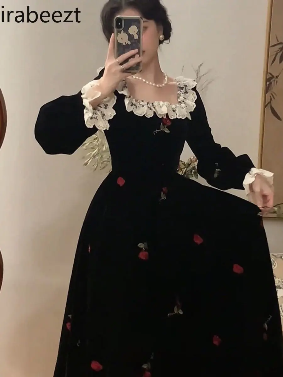 Oversize Dress Women Black Floral Dresses French Vintage Rose Gown Female Autumn Spring  Velvet Outwear Vestidos De Mujer