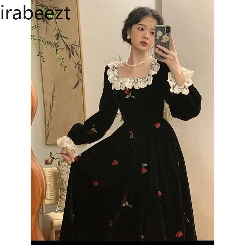 Oversize Dress Women Black Floral Dresses French Vintage Rose Gown Female Autumn Spring  Velvet Outwear Vestidos De Mujer