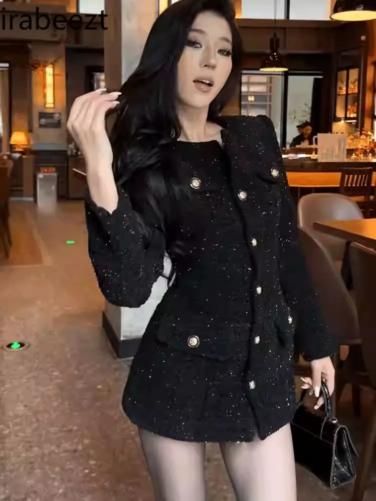 Large Size French Style Woolen Long-sleeved Top for Female Spring Ladies High-end Waist Slimming Short  Black Dress Long Coat