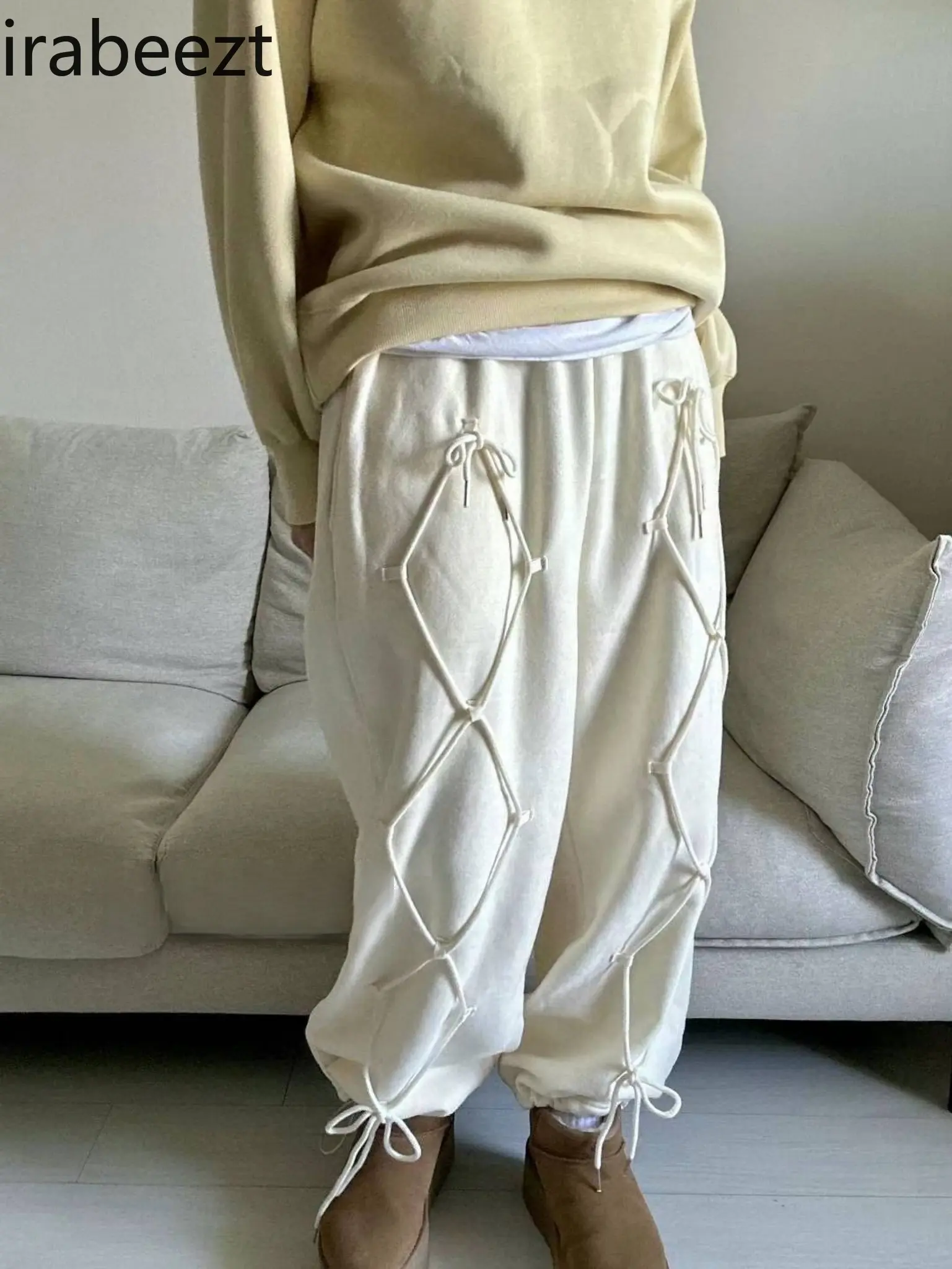Korean Street Simple Cross Strap Retro Trousers Plus Fleece Bunched Feet Sports Casual Sweatpants Palazos De Mujer Pantalón