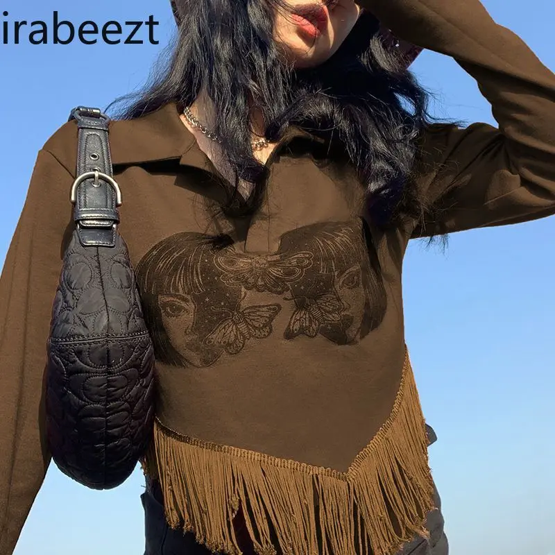 Women Fringe Design Loose Short Top Streetwear American Retro Western Cowboy Niche Polo Collar Long-sleeved T-shirt