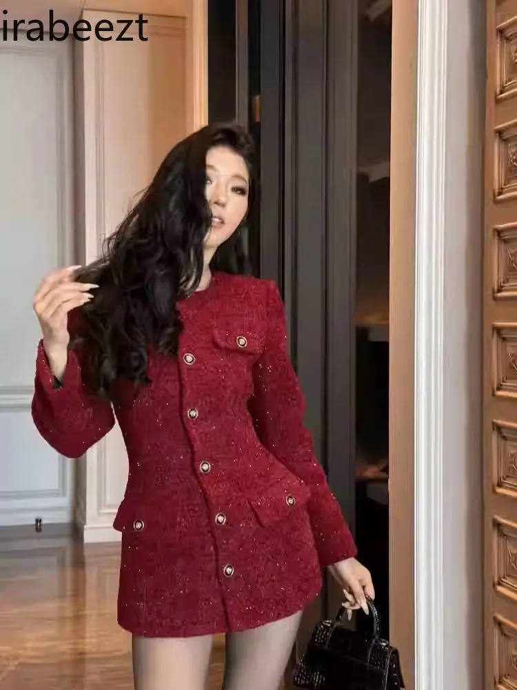 Large Size French Style Woolen Long-sleeved Top for Female Spring Ladies High-end Waist Slimming Short  Black Dress Long Coat