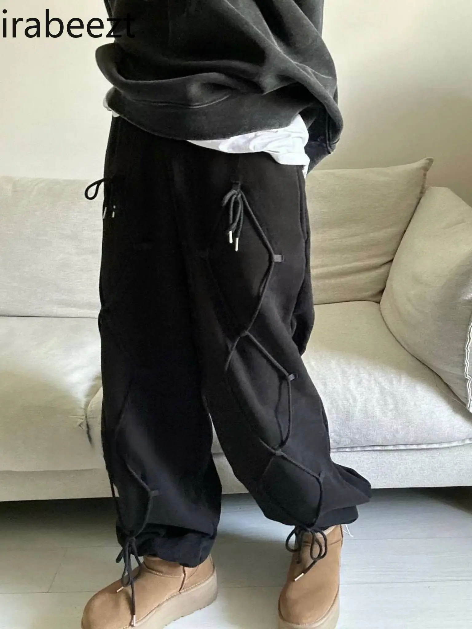 Korean Street Simple Cross Strap Retro Trousers Plus Fleece Bunched Feet Sports Casual Sweatpants Palazos De Mujer Pantalón
