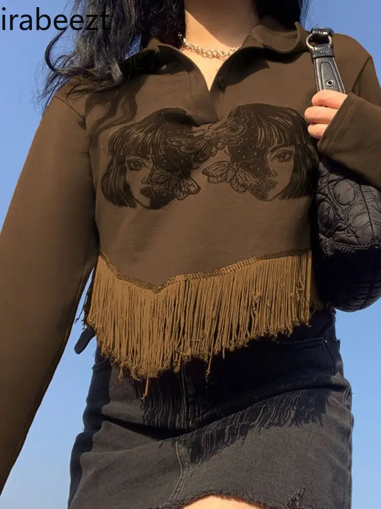 Women Fringe Design Loose Short Top Streetwear American Retro Western Cowboy Niche Polo Collar Long-sleeved T-shirt