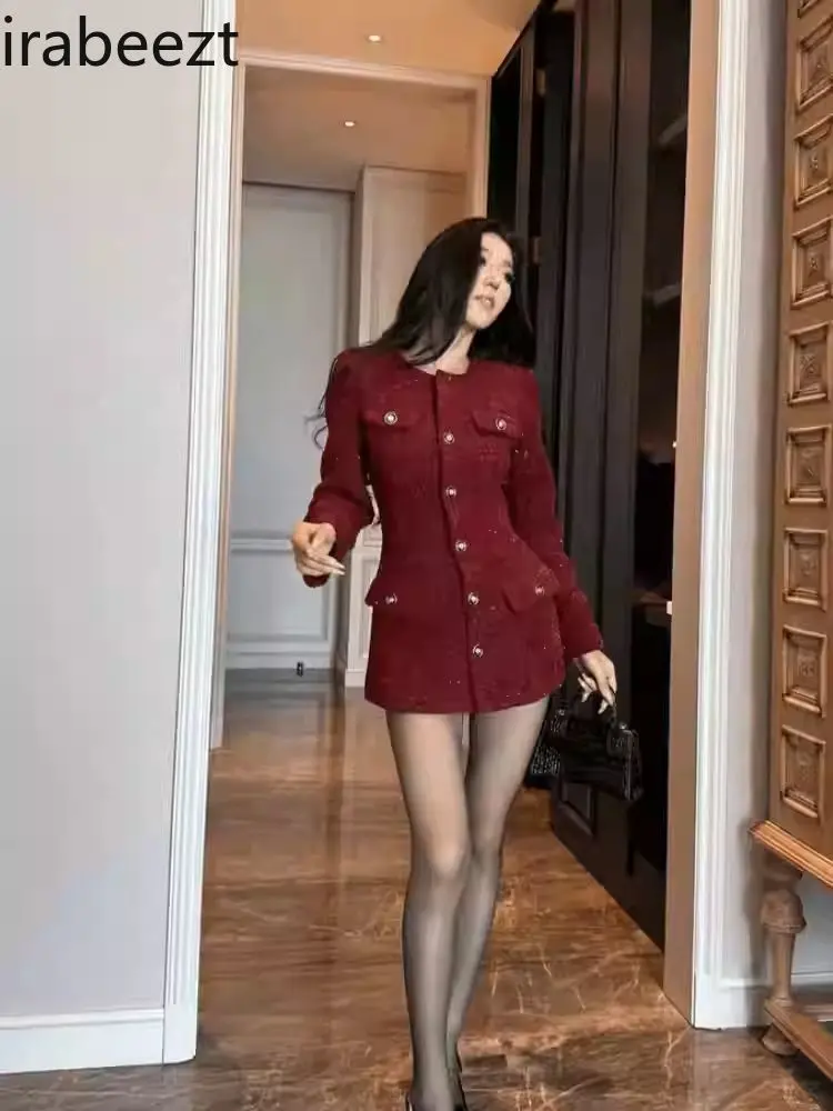 Large Size French Style Woolen Long-sleeved Top for Female Spring Ladies High-end Waist Slimming Short  Black Dress Long Coat