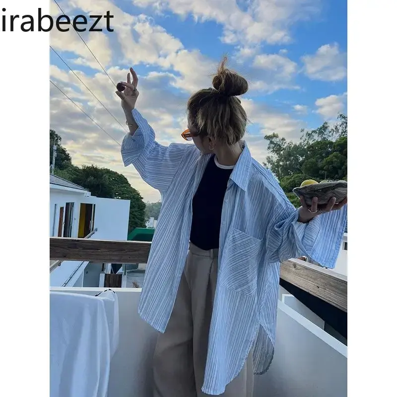 American Retro Blue Striped Shirt Women's Summer Korean Version of Loose Casual Loose Fit Long Sleeve Sun Protection Top Coat