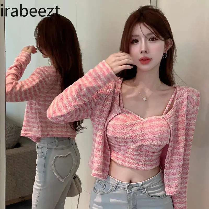 Women's Plaid Knit Cardigan & Tube Top 2-Piece Set - Fall Y2K Coquette Sweet Spicy Outfit Knit Jacket with Sleeveless Cami