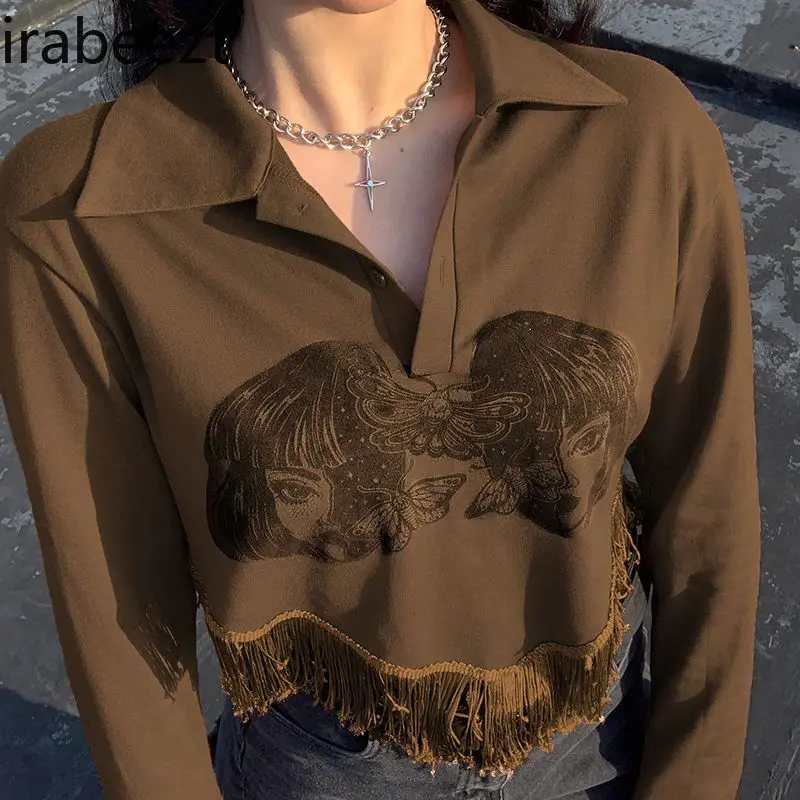 Women Fringe Design Loose Short Top Streetwear American Retro Western Cowboy Niche Polo Collar Long-sleeved T-shirt