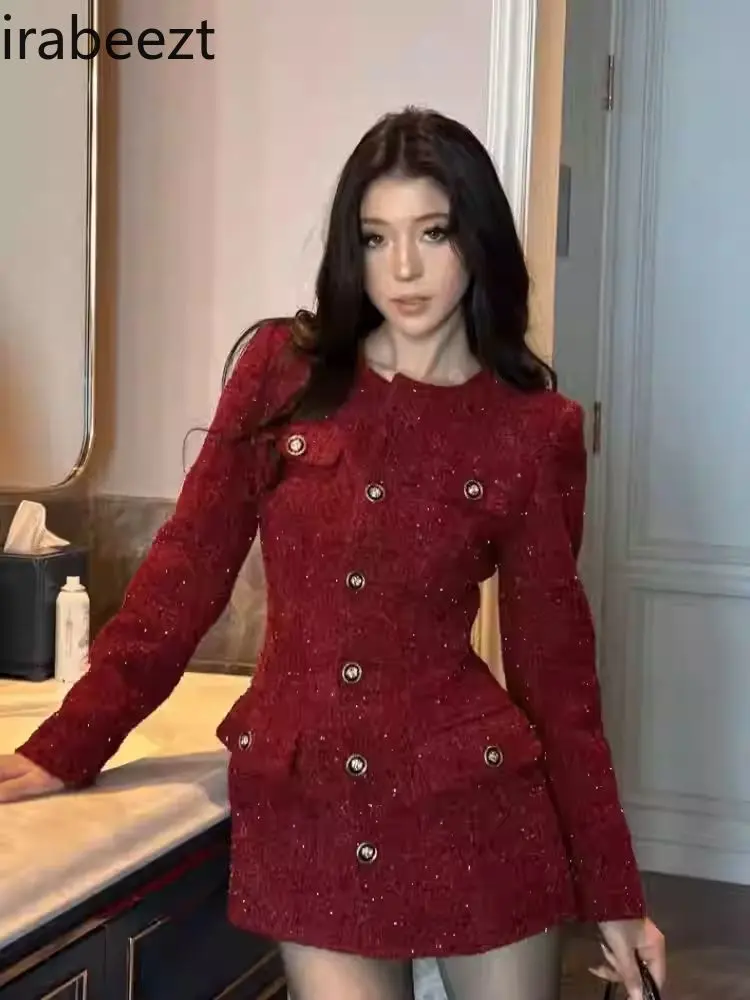 Large Size French Style Woolen Long-sleeved Top for Female Spring Ladies High-end Waist Slimming Short  Black Dress Long Coat