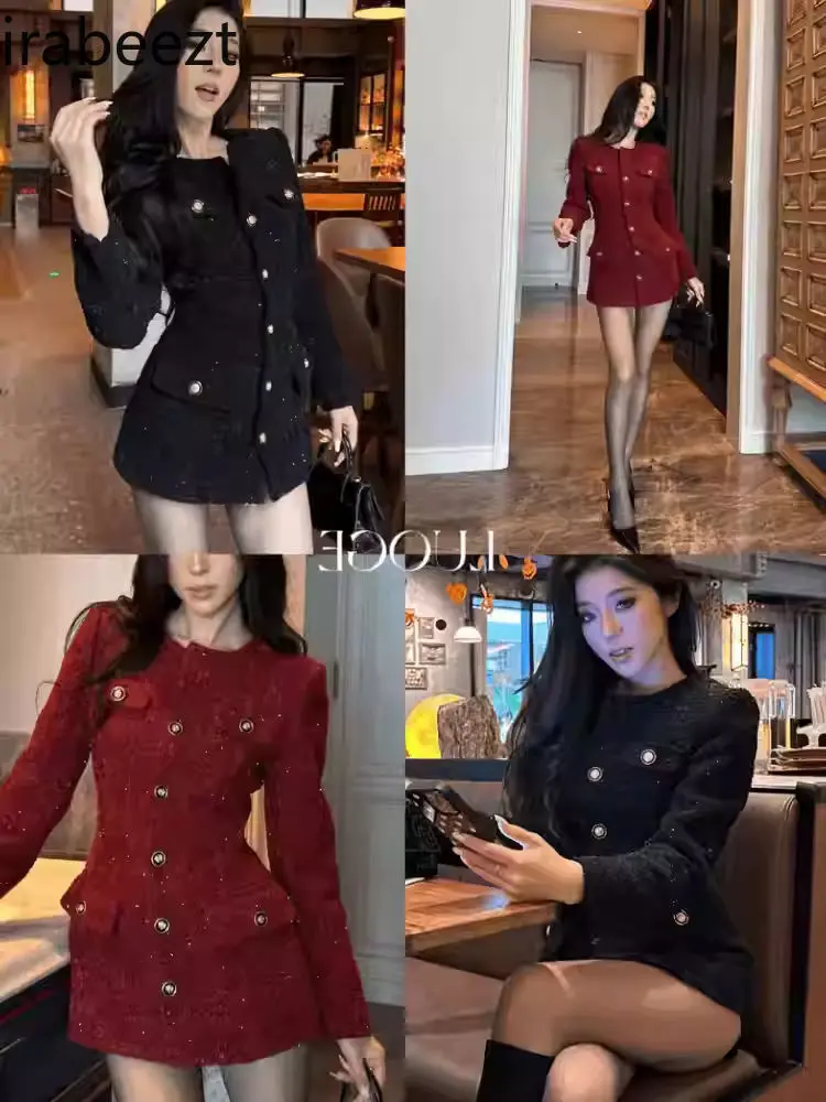 Large Size French Style Woolen Long-sleeved Top for Female Spring Ladies High-end Waist Slimming Short  Black Dress Long Coat