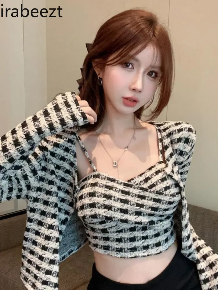 Women's Plaid Knit Cardigan & Tube Top 2-Piece Set - Fall Y2K Coquette Sweet Spicy Outfit Knit Jacket with Sleeveless Cami