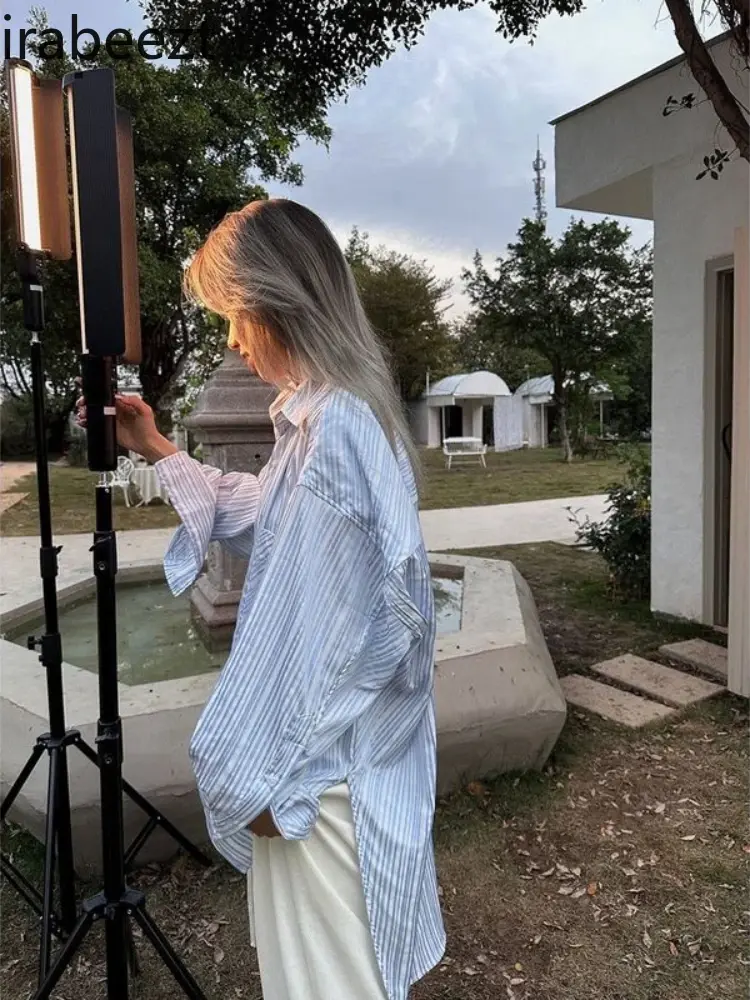 American Retro Blue Striped Shirt Women's Summer Korean Version of Loose Casual Loose Fit Long Sleeve Sun Protection Top Coat