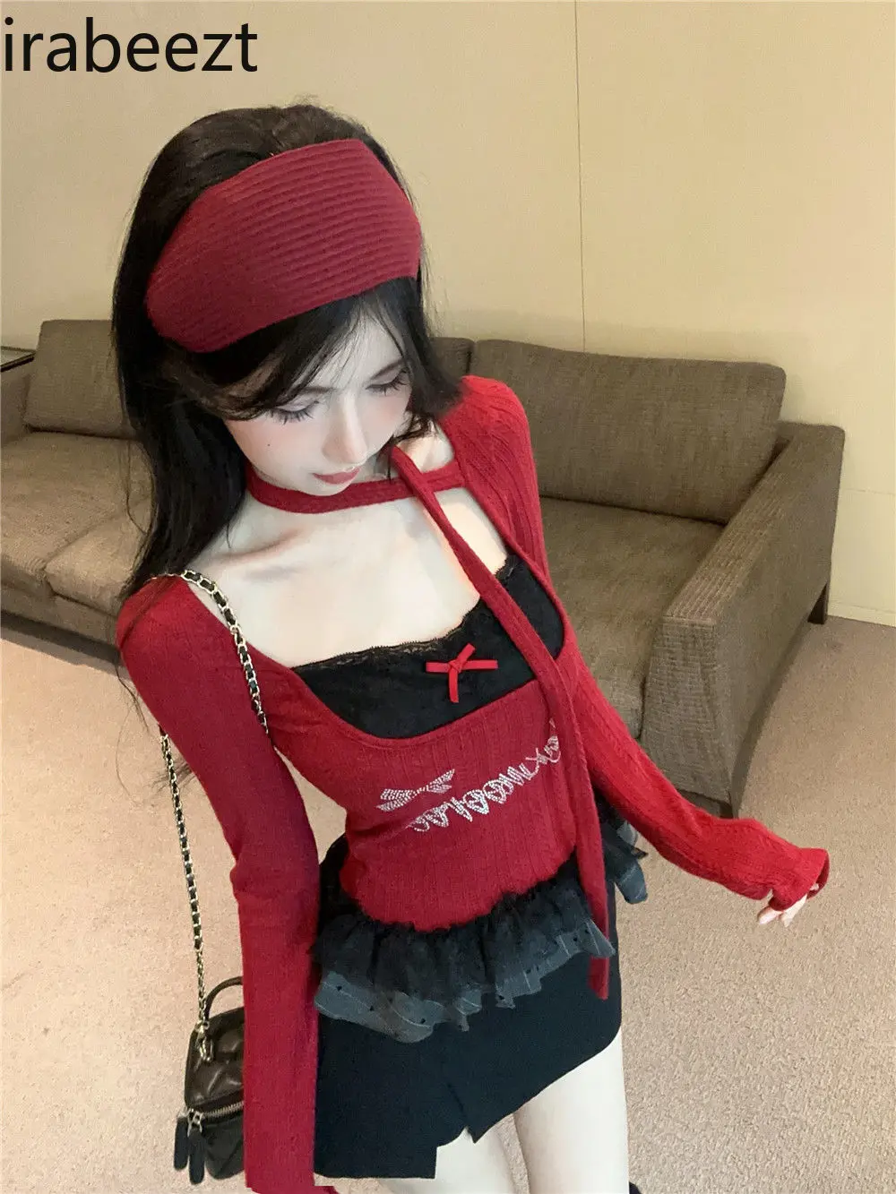 Autumn and Winter American Hottie Square Collar Lace Halterneck Long-sleeved Bottoming Shirt Women's Slim Short Top
