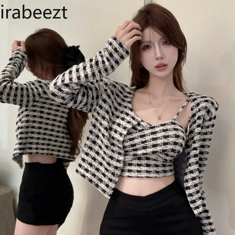 Women's Plaid Knit Cardigan & Tube Top 2-Piece Set - Fall Y2K Coquette Sweet Spicy Outfit Knit Jacket with Sleeveless Cami