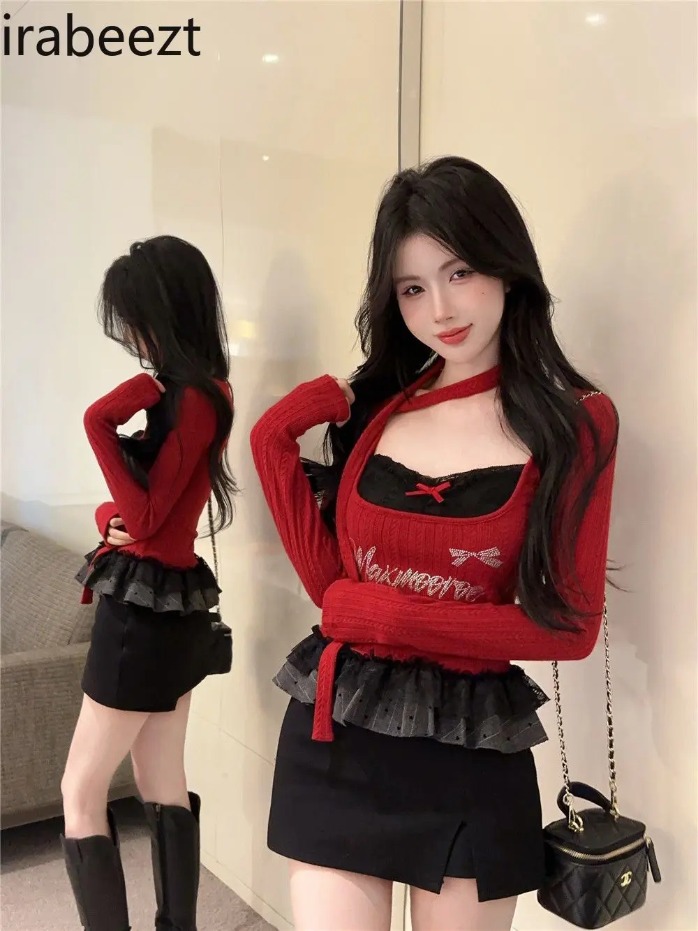 Autumn and Winter American Hottie Square Collar Lace Halterneck Long-sleeved Bottoming Shirt Women's Slim Short Top