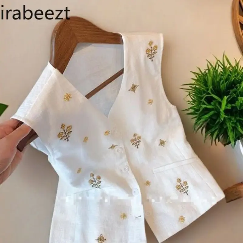 2025 Summer Women's Linen Vest Sleeveless V-Neck Embroidery Waistcoat Elegant Casual Tops White Loose Fit Beachwear